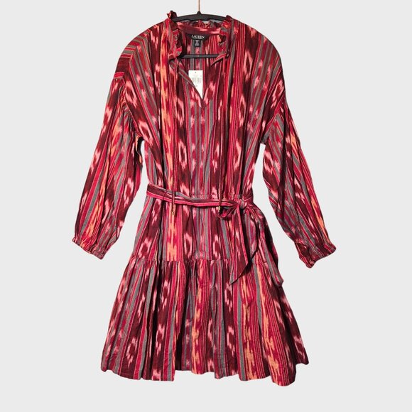 Lauren Ralph Lauren Geo Stripe Belted Cotton Voile Dress Boho Southwestern - Picture 4 of 12